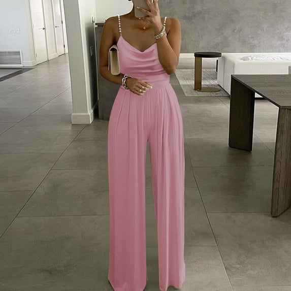 Jumpsuit Womens Casual Solid Color Two Pearl Strap Sweetheart V Neck High Waist Tube Jumpsuit Pants Summer Dressy Rompers Jumpsuit,Pink Women'S Polyester Jumpsuit M