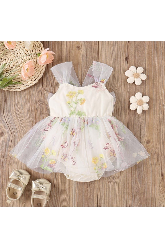 Jumpsuit for Girls Size 12-18M Kids Sleeveless Square Neck Solid Mesh Embroidered Backless Romper Creeper Wear Girls Rompers