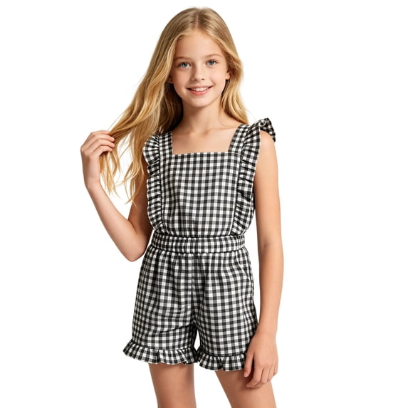 Jumpsuit for Girls Size 5-6Y Kids Sleeveless Square Neck Gingham Ruffle Jumpsuit with Pockets Summer Outfit Girls Rompers