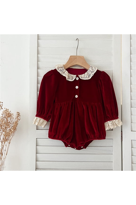 Jumpsuit for Girls Size 5-9M Kids Long Sleeve Round Neck Solid French Collar Embroidered Dress Photoshoot Wear Baby Girl Romper