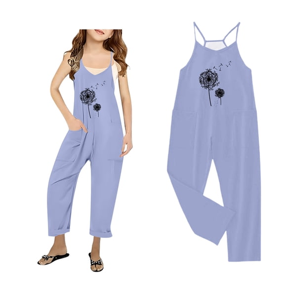 Jumpsuit for Girls Spaghetti Strap Loose Overalls Long Pants with Pockets Back To School Outfits for Girls 7-8 Years