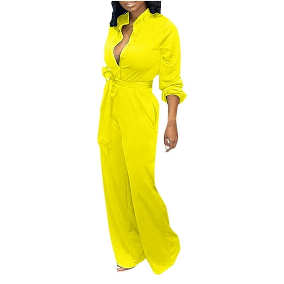 Jumpsuit for Women Button Down Solid Long Sleeve Wide Leg Pants Rompers Casual Baggy Lounge Jumpsuit with Belt