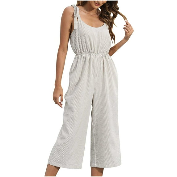 Jumpsuit for Women Casual Summer Sleeveless Tie Straps Wide Leg Capri Pants Rompers Flowy Loose Ladies Jumpsuit