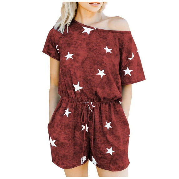 Jumpsuit for Women Casual Tie Dye Printed Crewneck Short Sleeve Drawstring Shorts Romper Summer Jumpsuit with Pockets
