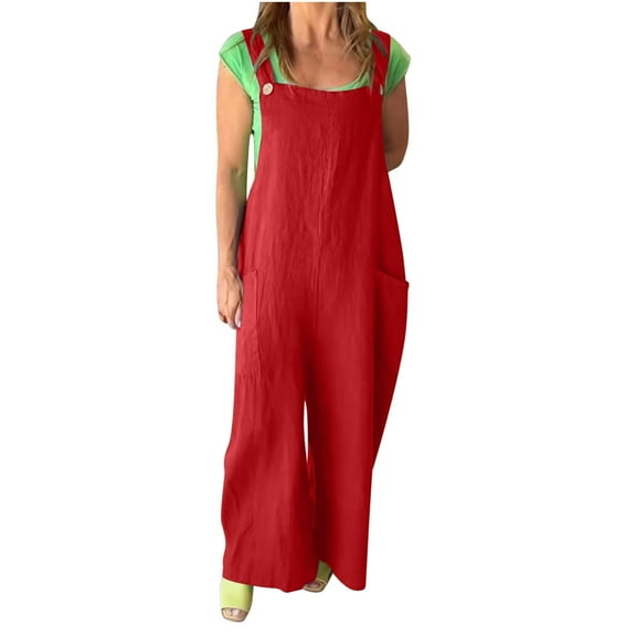 Jumpsuit for Women Crew Neck Adjustable Sleeveless Wide Leg Straps Rompers Casual Loose Long Pants Jumpsuit with Pockets
