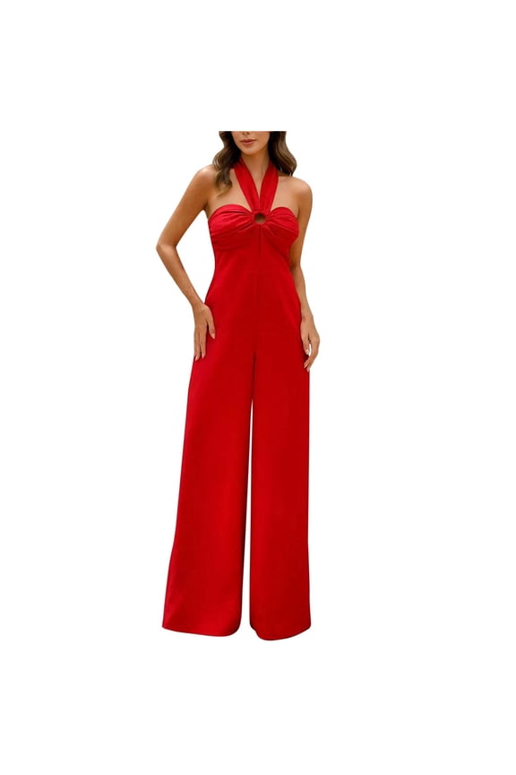 Jumpsuit for Women Crossover Halter Neck Sleeveless Smocked Wide Leg Fall Overall Rompers with Pockets