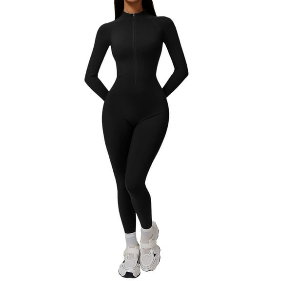 Jumpsuit for Women Cuddly Winter Long Sleeve Turtleneck Yoga Jumpsuit With Zip Seamless Fleece Lined Bodysuit Casual Rompers