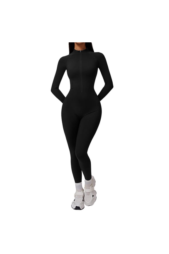 Jumpsuit for Women Cuddly Winter Long Sleeve Turtleneck Yoga Jumpsuit With Zip Seamless Lined Bodysuit Casual Rompers