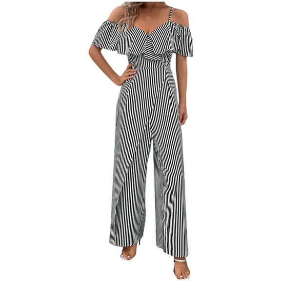 Jumpsuit for Women Dressy Casual Striped Cold Shoulder Strap Ruffle Sleeve Wide Leg Pants Romper Bussiness Trendy Overalls Dressy Romper Black S