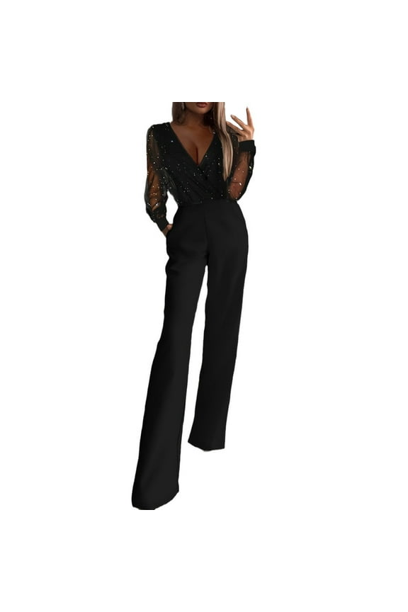 Jumpsuit for Women Dressy Plus Size Fashionable Sexy V Neck Sequined Sets Mesh Splicing Party Pocketed Jumpsuit