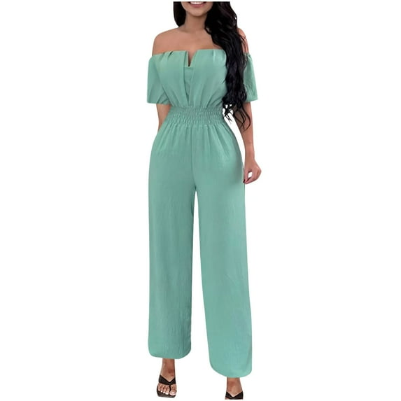 Jumpsuit for Women Elegant One Line Neck Short Sleeve Romper Elastic Waist Wide Leg One-Piece Bodysuit Dressy Overall