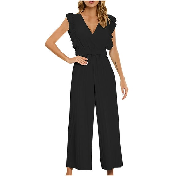 Jumpsuit for Women Elegant Ruffle Cap Sleeve One Piece Wide Leg Pants Romper Cute Wrap Belt Business Party Jumpsuits