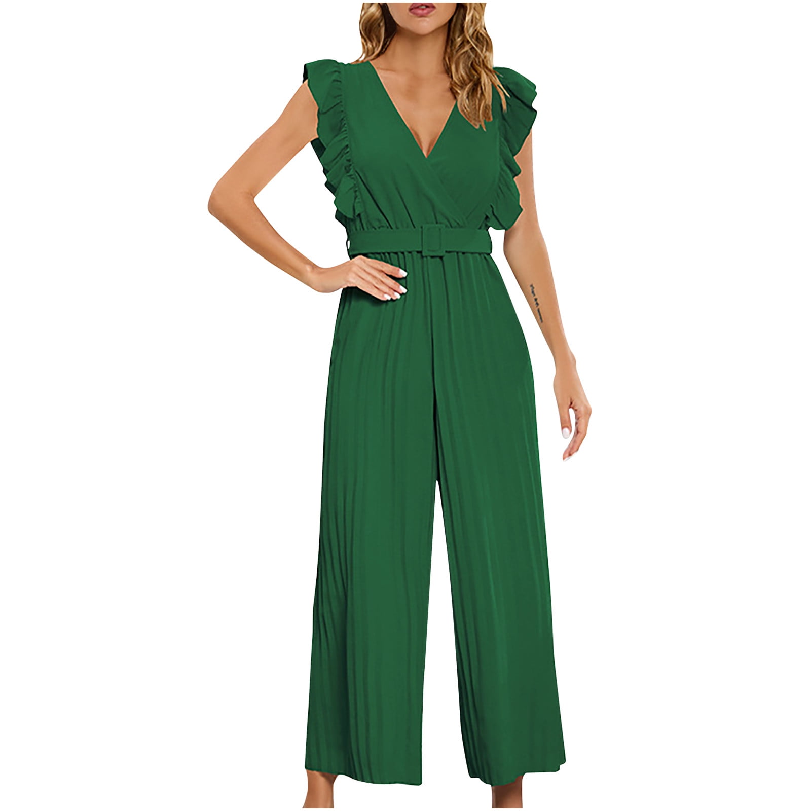  PARTY ベルト付ケープ風オールインワン free size Jumpsuit for Women Elegant Ruffle Cap Sleeve One Piece Wide