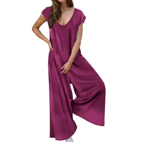 Jumpsuit for Women Solid Color V Neck Casual Long Rompers Short Sleeve Overalls Loose Baggy Trendy Clothing
