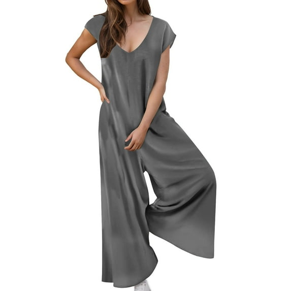 Jumpsuit for Women Solid Color V Neck Casual Long Rompers Short Sleeve Overalls Loose Baggy Trendy Clothing