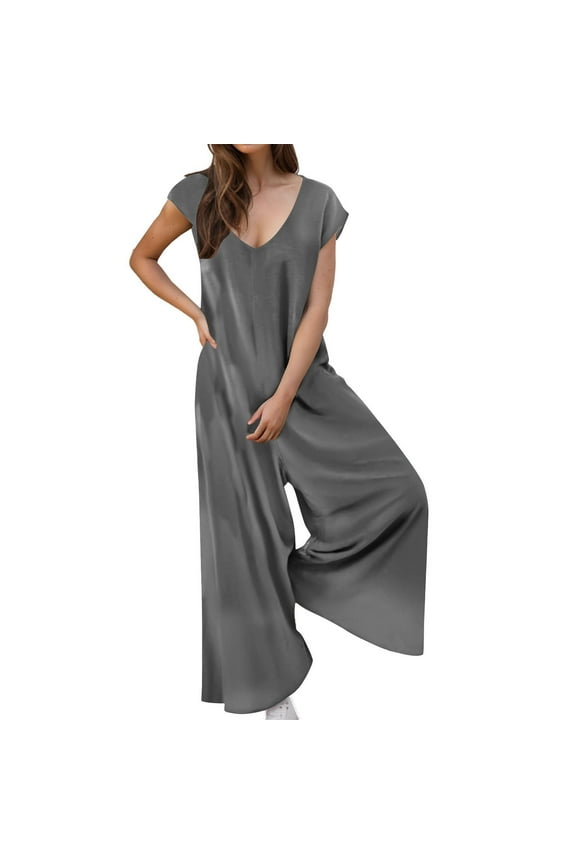 Jumpsuit for Women Solid Color V Neck Casual Long Rompers Short Sleeve Overalls Loose Baggy Trendy Clothing