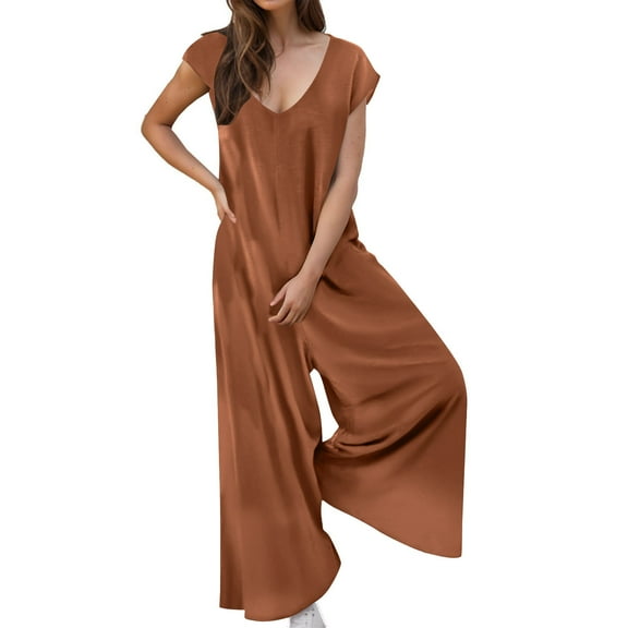 Jumpsuit for Women Solid Color V Neck Casual Long Rompers Short Sleeve Overalls Loose Baggy Trendy Clothing