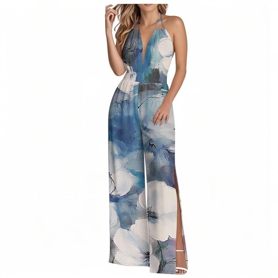 Jumpsuit for Women Summer Casual V Neck Halter Sleeveless Baggy Overalls Lightweight Romper