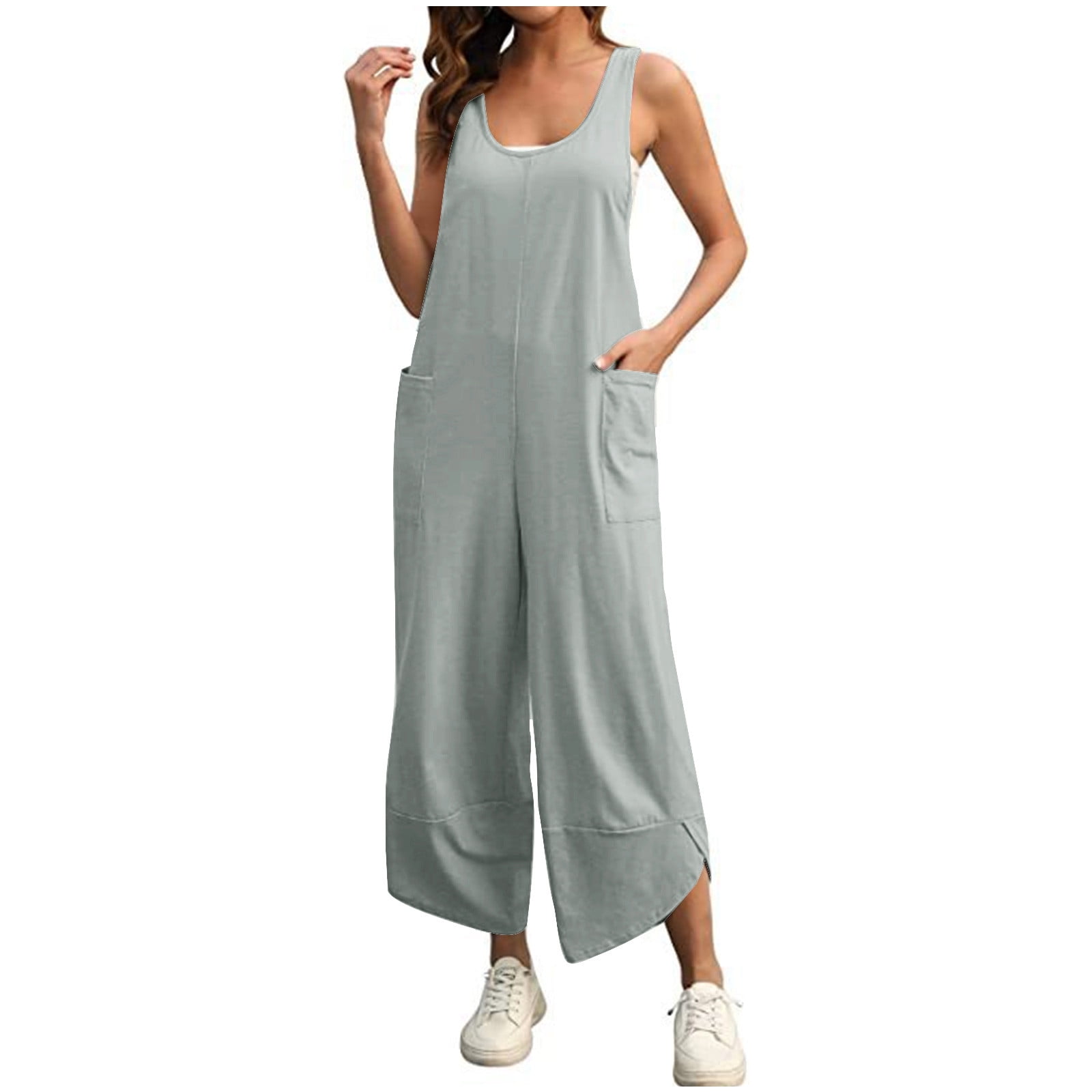 Jumpsuits For Women 2024 Casual Summer Dressy Sleeveless Overalls Wide Leg Long Loose Baggy Rompers Jumpers with Pockets Walmart