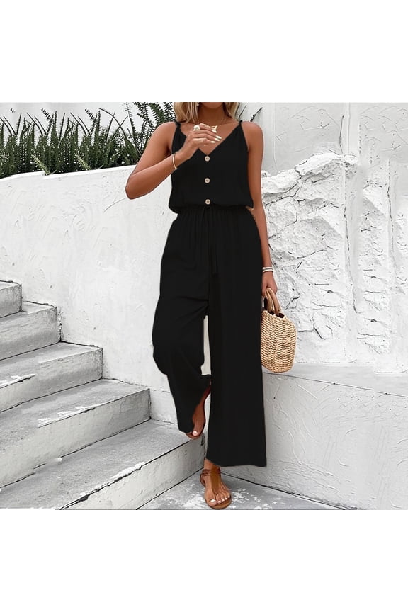Jumpsuits For Women Casual Button Down Spaghetti Strap Wide Leg Elastic Waist Romper 1 Piece For Casual Beach Day