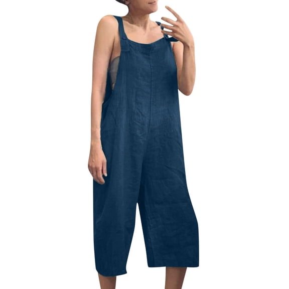 Jumpsuits For Women Casual Solid Cotton Linen Overalls Pocket Adjustable Straps Mid Length Pants Jumpsuit