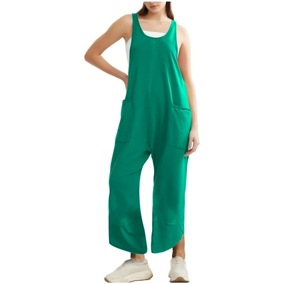 Jumpsuits For Women Casual Summer Dressy Sleeveless Overalls Baggy Loose Linen Rompers Wide Leg Pants With Pocket 2026 Green,XL