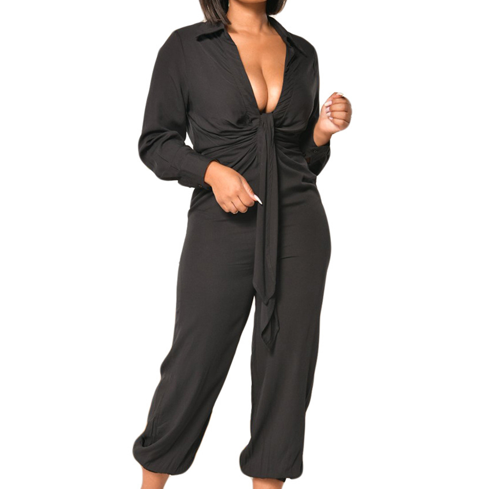 Jumpsuits For Women Casual Summer Long Sleeve V Neck Loose Tie Long Sleeve Harem Summer Rompers