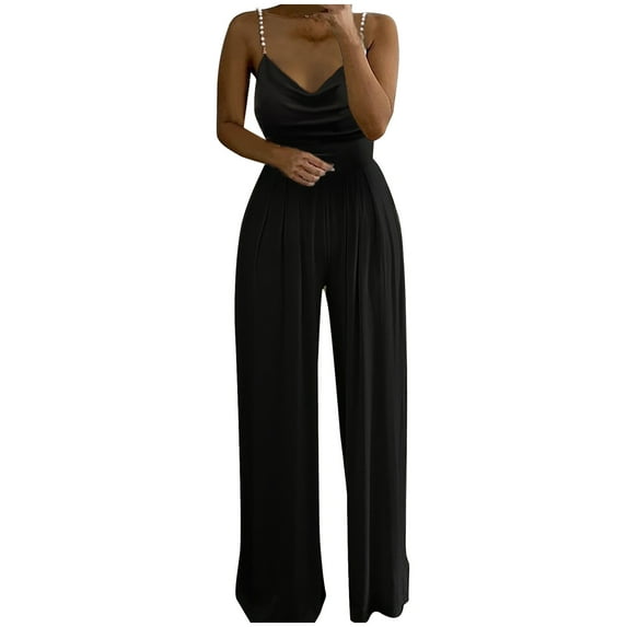 Jumpsuits For Women Casual With Sleeves Dressy Wedding Guest Clearance Women's Casual Solid Color Long Playsuit Loose Lady Pearl Suspender Jumpsuit Black L
