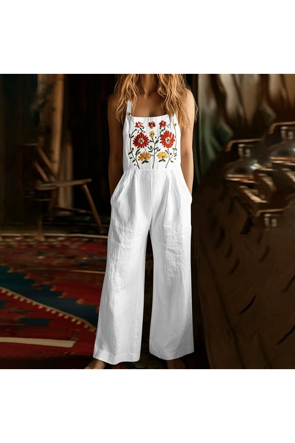 Jumpsuits For Women Dressy Cotton Floral Embroidered Rompers Boho Sleeveless Wide Leg Loose Overalls With Pockets