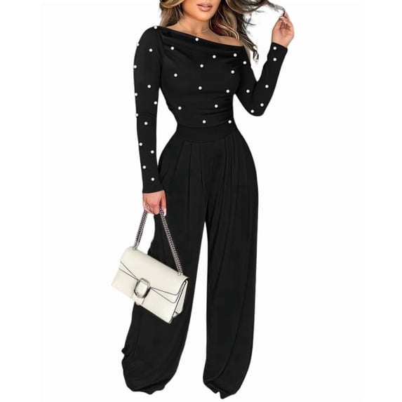 CHICME Jumpsuits for Women Dressy Pearls Decor Long Sleeve Casual Ruched Wide Leg Rompers Black-S