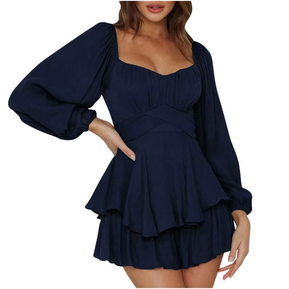 Jumpsuits For Women Lantern Long Sleeve Ruffle Layer Back Tie Mini Shorts Jumpsuit Boho Off Shoulder Rompers Trendy Ruffle Hem Short Jumpsuit
