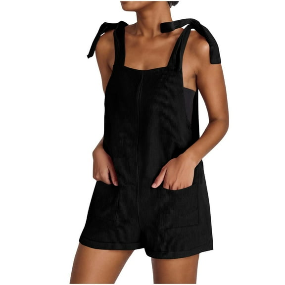 Jumpsuits For Women Short Overalls Casual Sleeveless Adjustable Rompers Velvet With Pockets 2025 Black