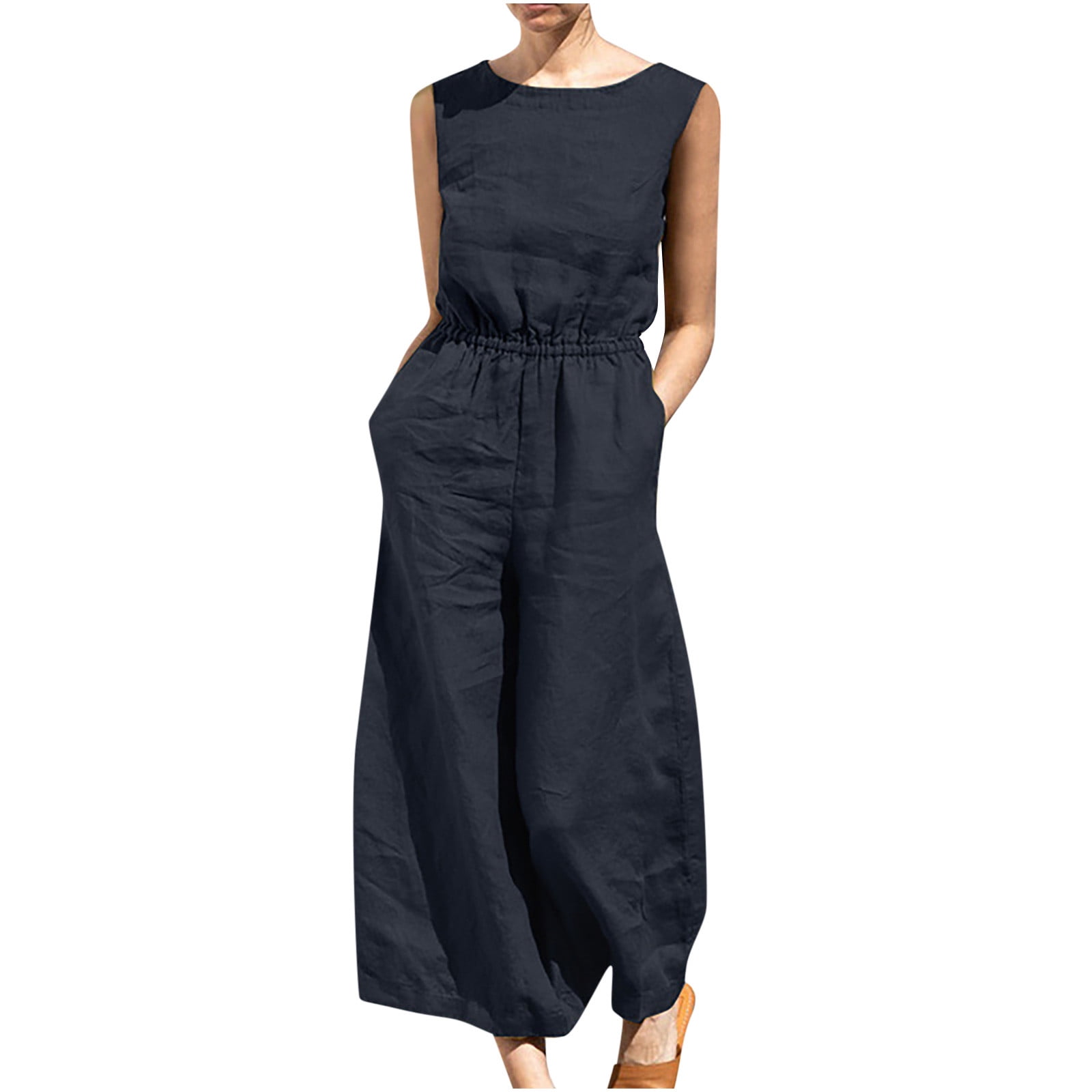 TAVIMART  -  Fashion Pleated Solid Loose Playsuits Women Casual Sleeveless Wide Leg Jumpsuits Elegant Strapless Drawstring Waist Long Romper