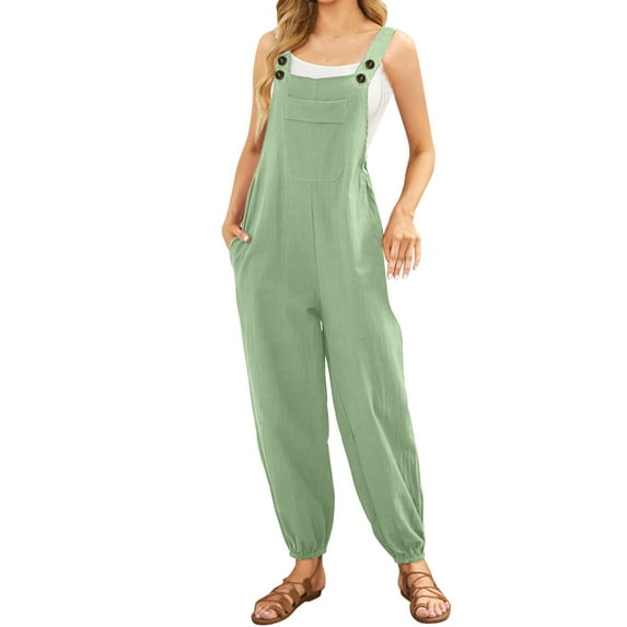 Jumpsuits For Women Sleeveless Overalls Jumpsuit Casual Solid Summer Wide Leg Bib Pants Bottons Jumpsuit Romper With Button Pockets