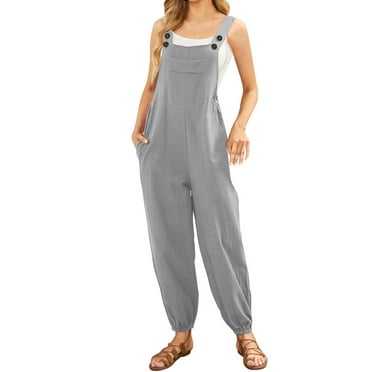 Jumpsuits For Women Sleeveless Overalls Jumpsuit Casual Solid Summer Wide Leg Bib Pants Bottons Jumpsuit Romper With Button Pockets
