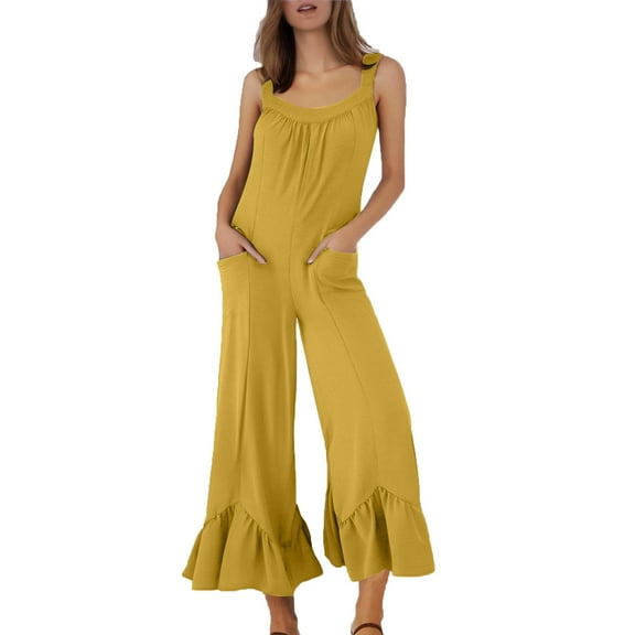 Jumpsuits For Women Summer Casual Loose Sleeveless Overalls Jumpsuit Ruffle Wide Leg Long Flare Pant Flowy Rompers With Pocket