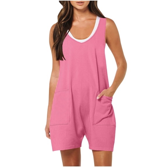 Jumpsuits Short for Women Casual Summer Rompers Sleeveless Solid Color Loose Young Miss Strap Baggy Ribbed Jumpers Overalls Short with Pockets