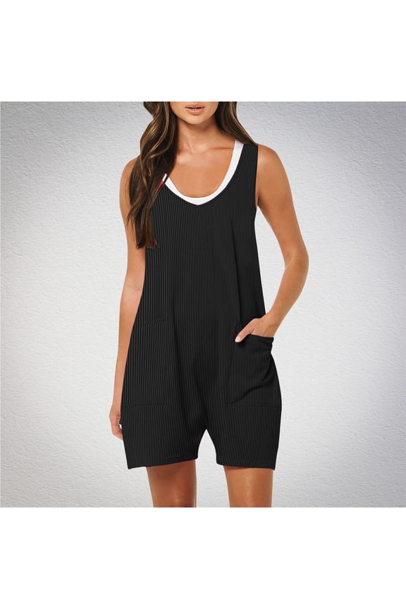 Jumpsuits Short for Women Casual Summer Rompers Sleeveless Solid Color Loose Young Miss Strap Baggy Ribbed Jumpers Overalls Short with Pockets