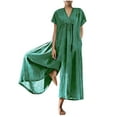 thumbnail image 1 of Jumpsuits for Women Casual High Waist Plus Size Lightweight Cotton Linen Loose Baggy Wide Leg Long Jumpsuits Overalls Summer Formal Solid V-Neck Short Sleeve Maxi Rompers Green s, 1 of 4
