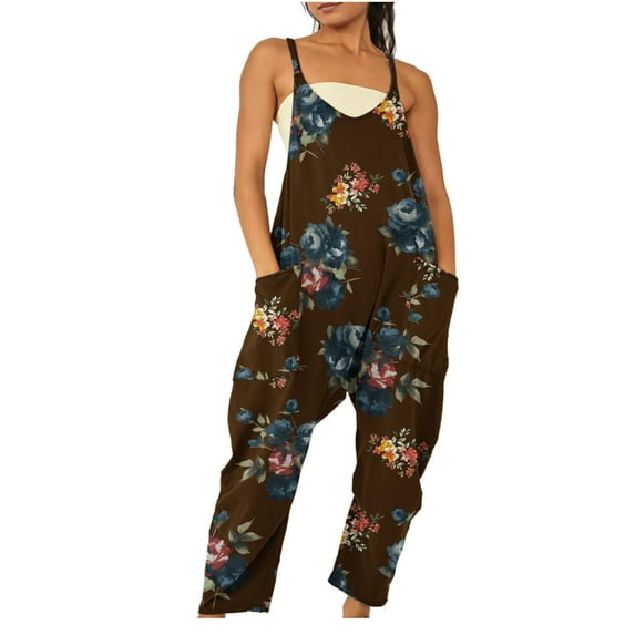Jumpsuits for Women Casual Printing Floral Pattern Sleeveless Round Neck Pants for Women Fashion Loose Fit Daily Vest Sling Lightweight Party Vacation Beach Jumpsuit with Pocket(Brown,XXL)
