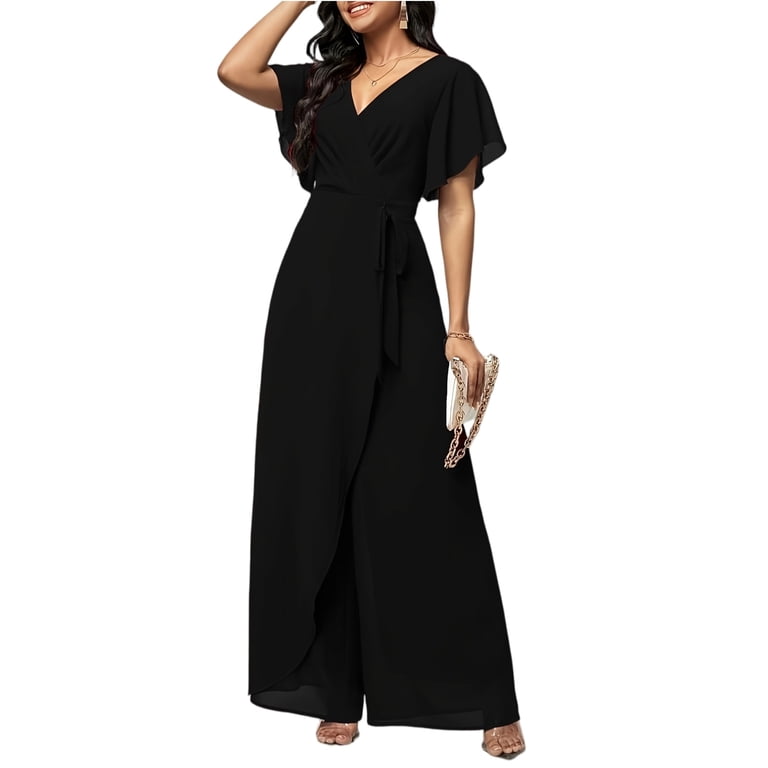 Jumpsuits For Women Casual Short Sleeve V-Neck Romper Ruffle Sleeve Wrap Jumpsuit High Waist Belted Wide Leg Romper With Overlay Skirt Formal Evening Party Cocktail Wear Black M