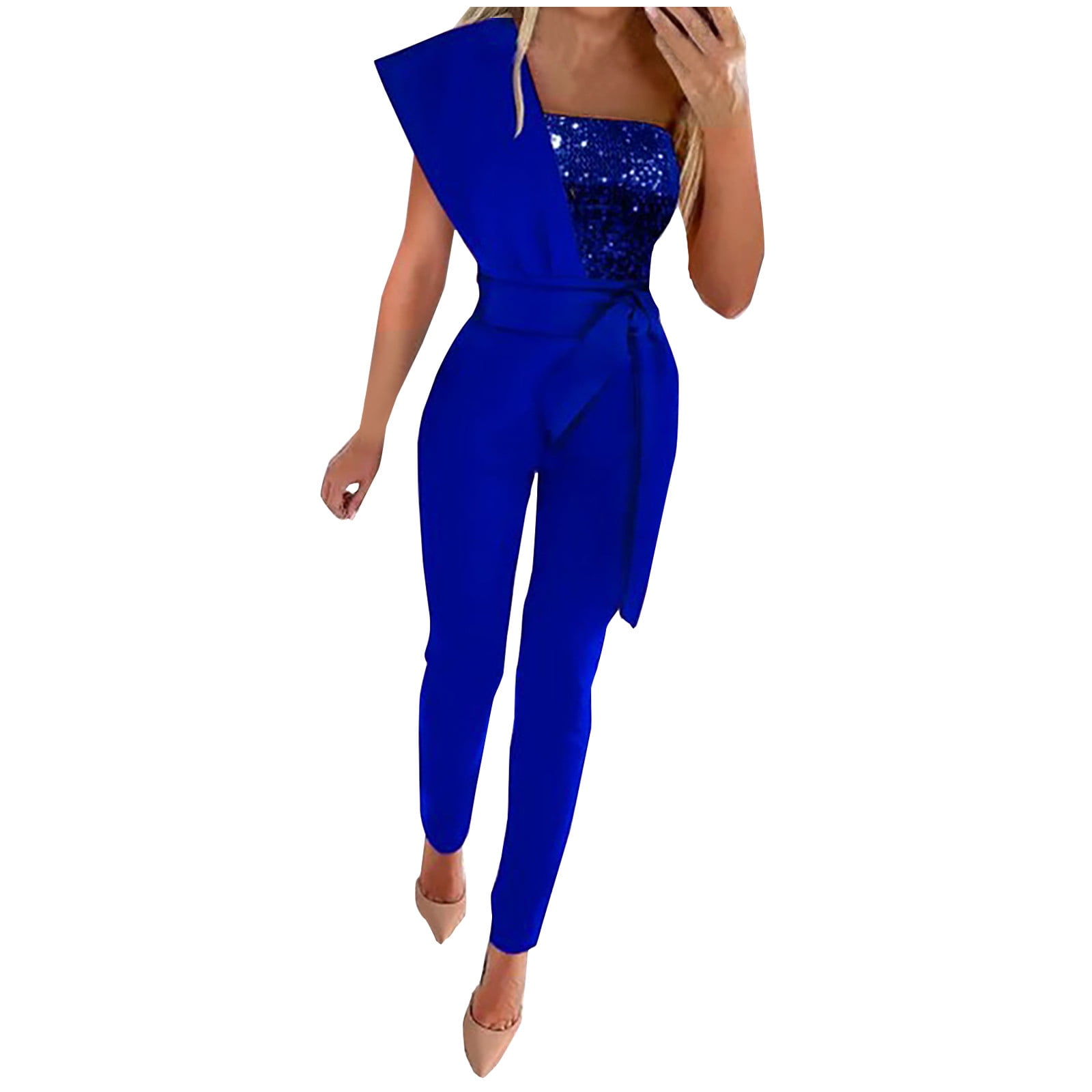 Jumpsuits for Women Casual Solid Color Comfy One Shoulder Off Square Neck  Pants for Women Fashion Slim Fit Formal Zipper Lightweight Party Vacation