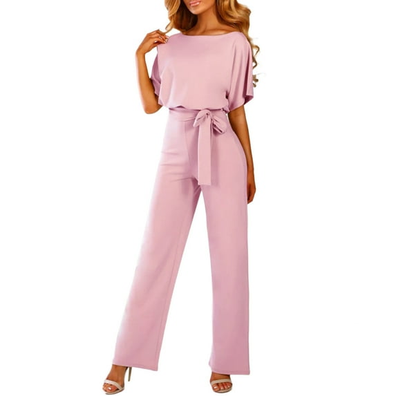 Jumpsuits for Women Casual Solid Color Comfy Short Sleeve Plain Neck Pants for Women Fashion Loose Fit Formal Straight Lightweight Party Vacation Beach Jumpsuit（Pink,L）