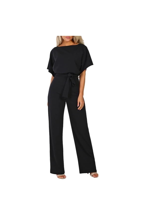 Jumpsuits for Women Casual Solid Color Comfy Short Sleeve Plain Neck Pants for Women Fashion Loose Fit Formal Straight Lightweight Party Vacation Beach Jumpsuit(Black,L)