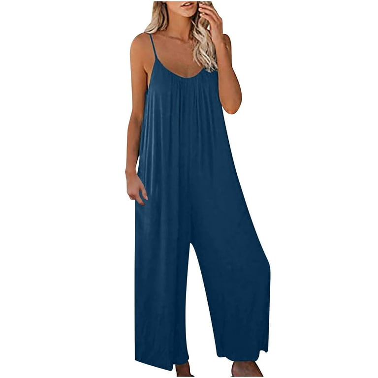 Jumpsuits for Women Casual Solid Color Comfy Sleeveless V-Neck Pants for  Women Fashion Loose Fit Daily Vest Sling Button Lightweight Party Vacation  Beach Jumpsuit with Pocket（Blue,M） 