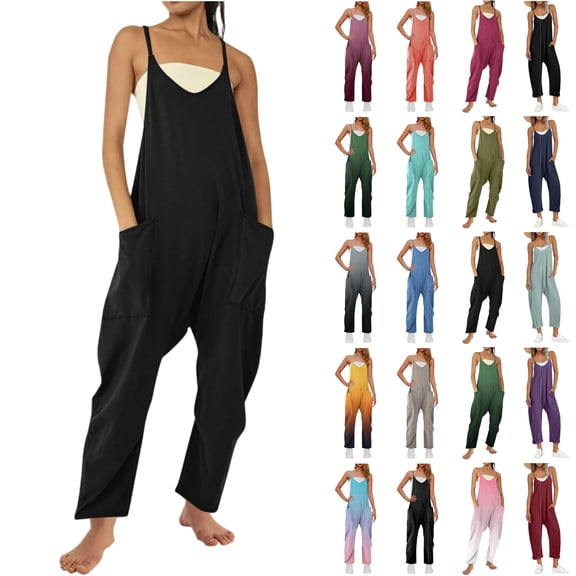 QATAINLAV Womens Jumpsuits Casual Wide Leg Rompers Sleeveless Baggy Overalls Jumpers with Pockets Fashion Color Block One Piece Pants, Hot Pink, L