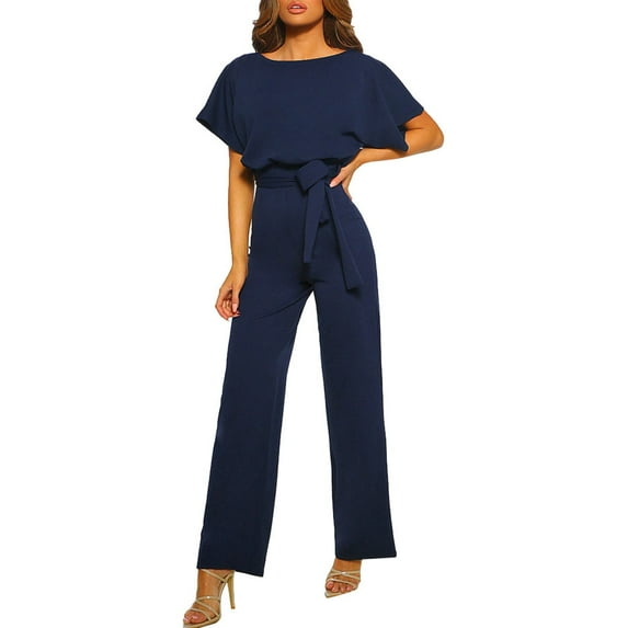 Jumpsuits for Women Dressy Summer Wide Leg Pants High Waist Wide Leg Romper with Pockets One Piece Casual Outfits Jumpsuits for Women Dressy Wedding Navy XL