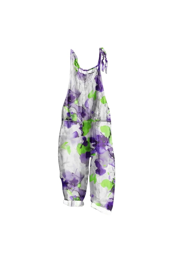 Jumpsuits for Women Dressy Wedding Boho Jumpsuits for Women Linen Loose Casual Summer Rompers Floral Rompers Wide Leg Bib Overall with Pockets Ladies Jumpsuits Dressy Casual Purple L