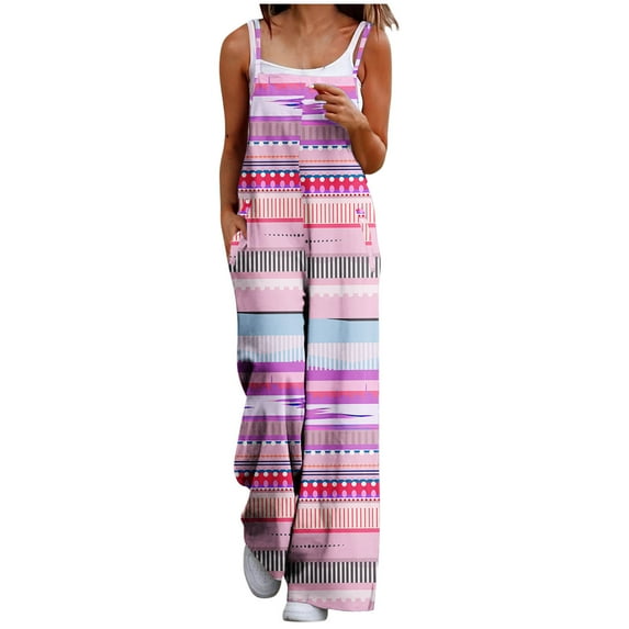Jumpsuits for Women Dressy Wedding Women's Wide Leg Jumpsuits Summer Striped Color Print Boho Overalls with Pocket Loose Casual Baggy Rompers Vacation Outfits Elegant Jumpsuits for Women 3XL