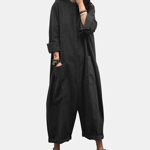 Jumpsuits For Women Fashion Solid Color Cotton Linen Long Sleeve Jumpsuit With Pockets For A Breathable And Comfortable Everyday Look Womens Jumpsuits Dressy